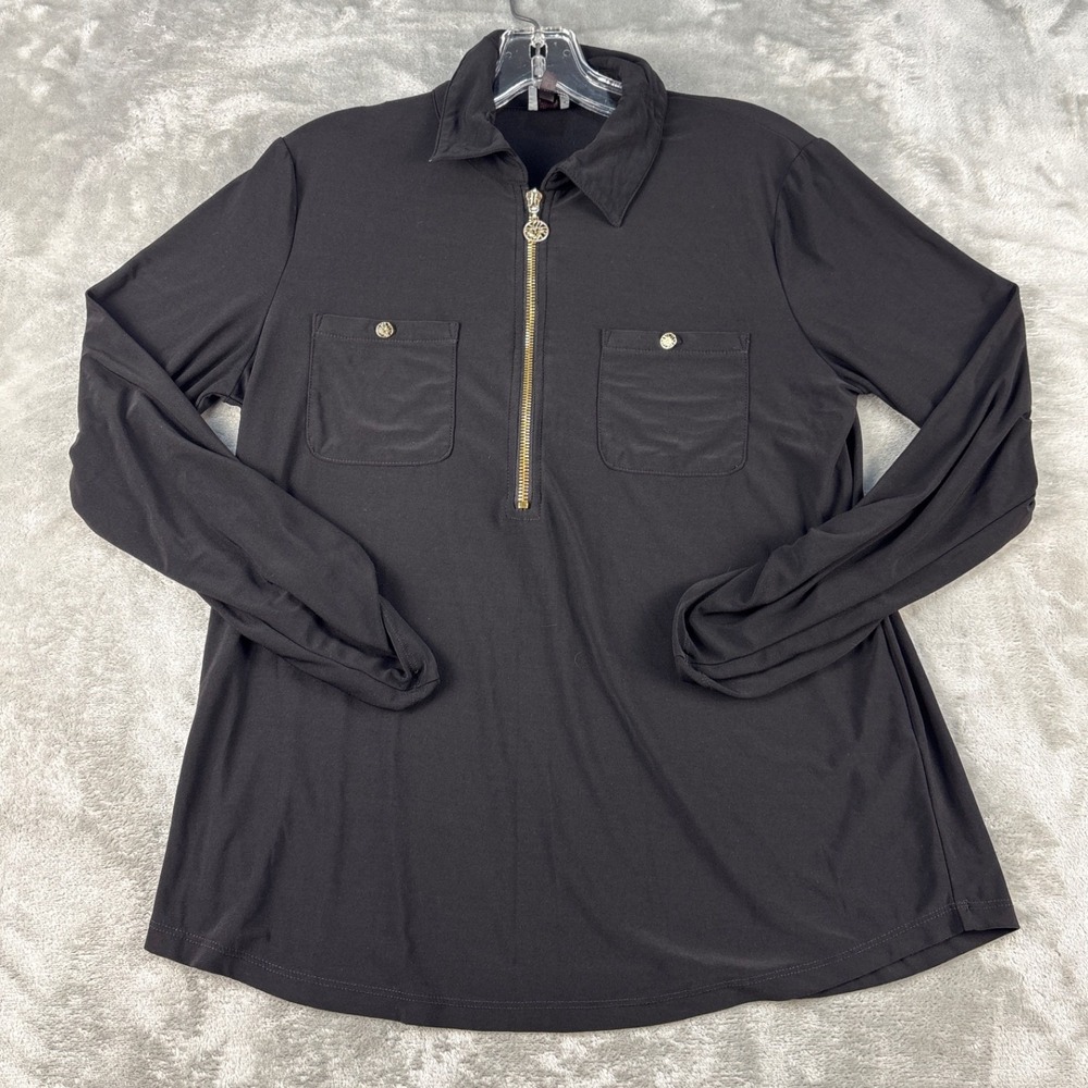 Anne Klein Top Womens Medium Quarter Zip Long Sleeve Black Roll Tab EUC